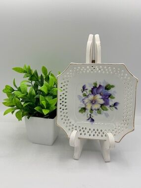 Vintage White Porcelain Decorative Plate with Purple Floral Design-JAPAN